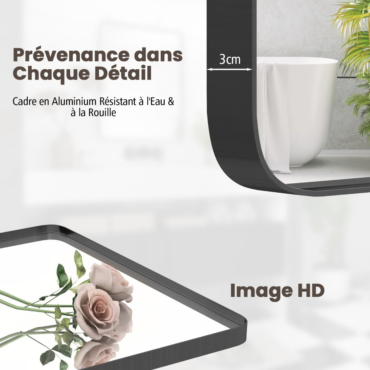 Miroir Mural 76,5X56Cm Pour Salle De Bain Miroir Mural De Courtoisie Rectangulaire Cadre En Métal Robuste Noir (Horizontal/Vertical)