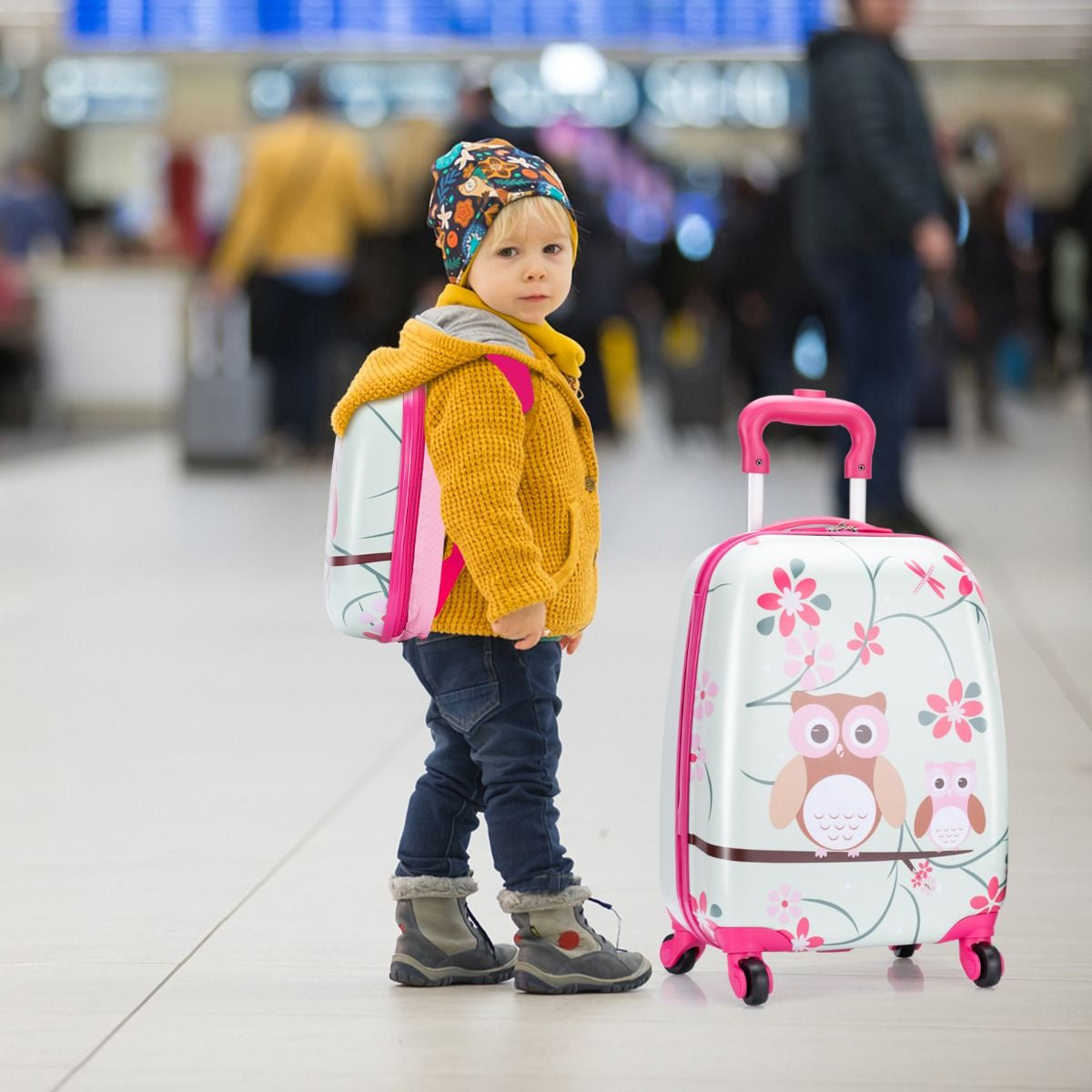 Valise Enfant + Sac À Dos Bagage Trolley À Roulettes Pour Enfant Motif Hibou En ABS Robuste