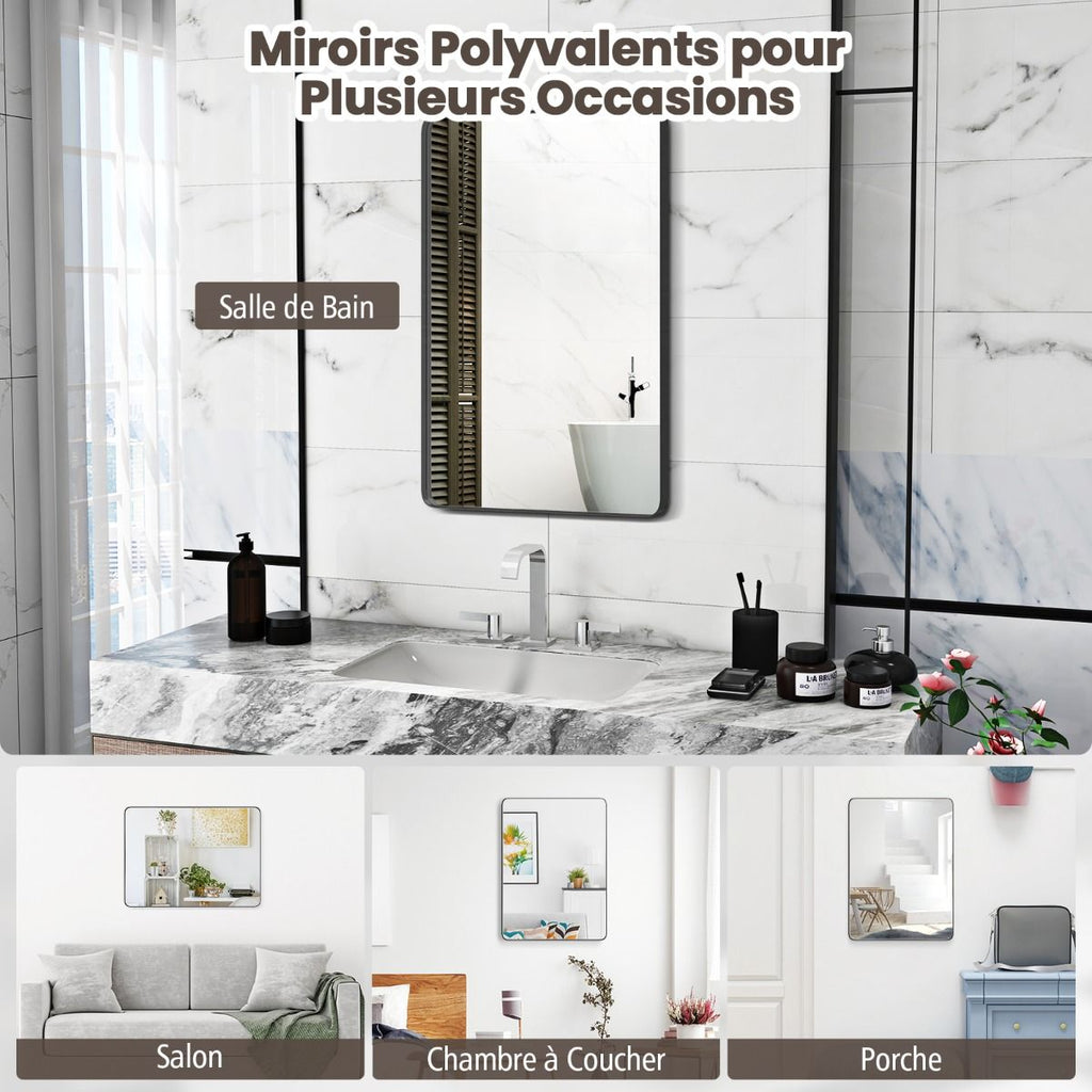 Miroir Mural 76,5X56Cm Pour Salle De Bain Miroir Mural De Courtoisie Rectangulaire Cadre En Métal Robuste Noir (Horizontal/Vertical)