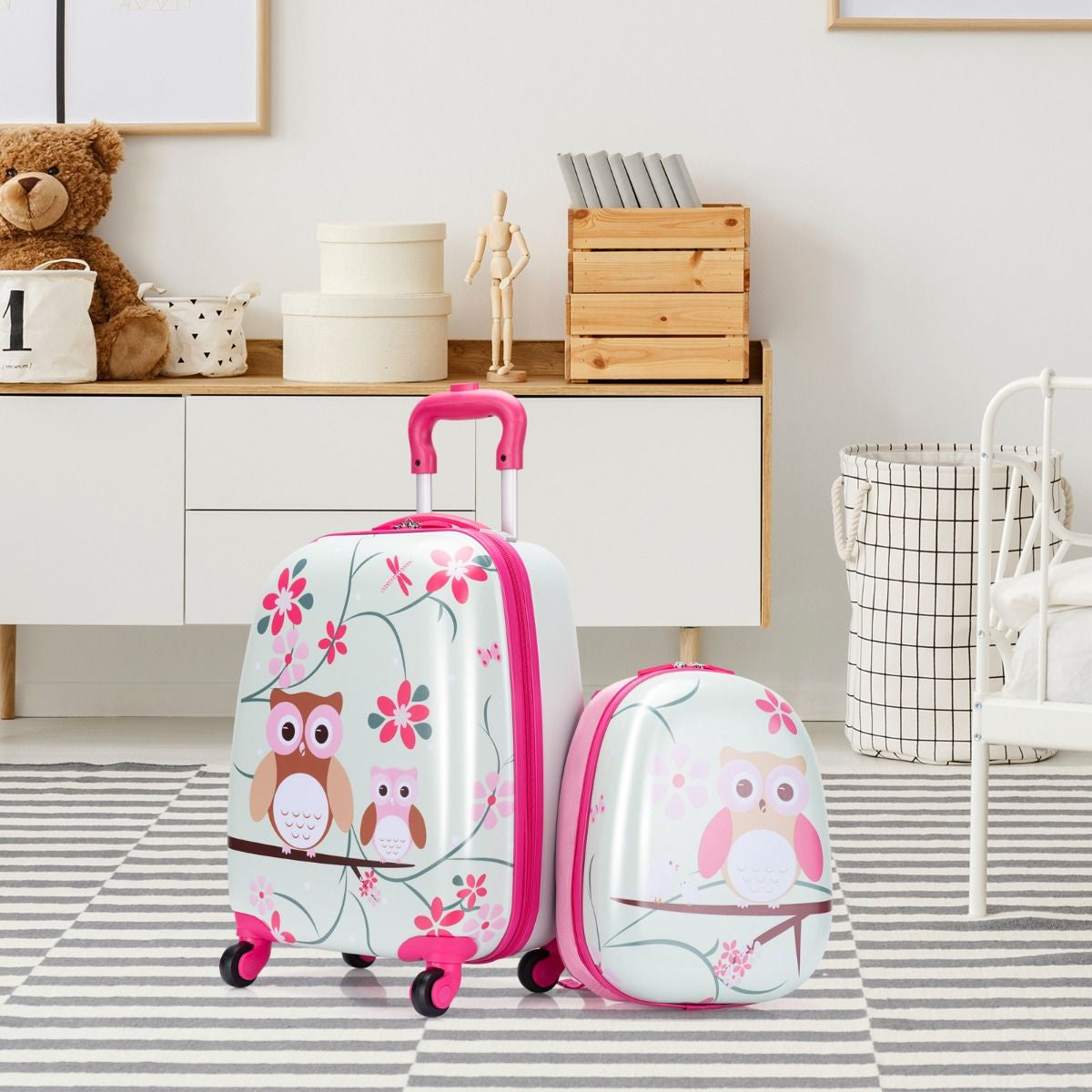 Valise Enfant + Sac À Dos Bagage Trolley À Roulettes Pour Enfant Motif Hibou En ABS Robuste