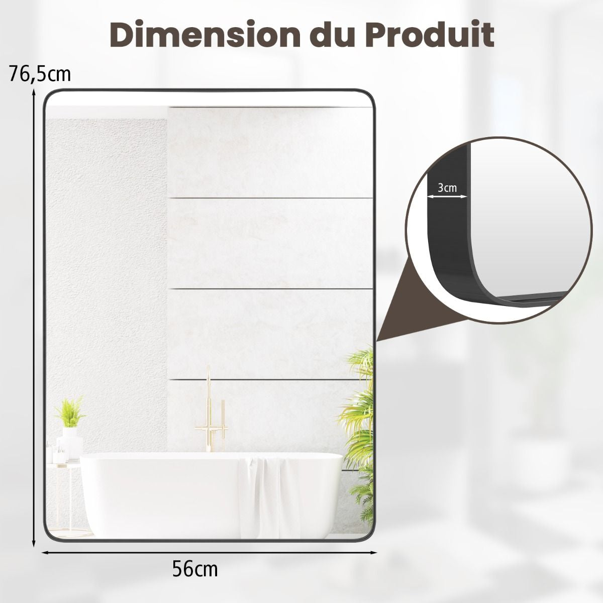 Miroir Mural 76,5X56Cm Pour Salle De Bain Miroir Mural De Courtoisie Rectangulaire Cadre En Métal Robuste Noir (Horizontal/Vertical)