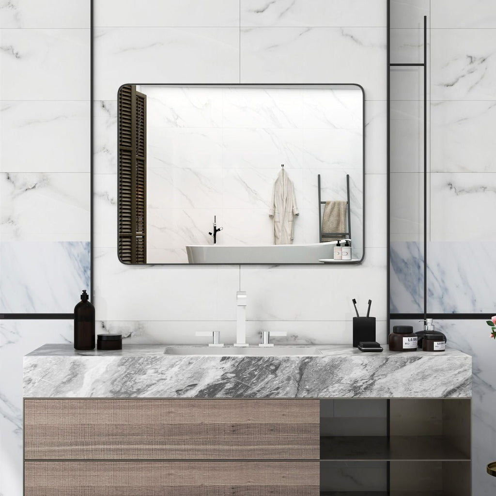 Miroir Mural 76,5X56Cm Pour Salle De Bain Miroir Mural De Courtoisie Rectangulaire Cadre En Métal Robuste Noir (Horizontal/Vertical)