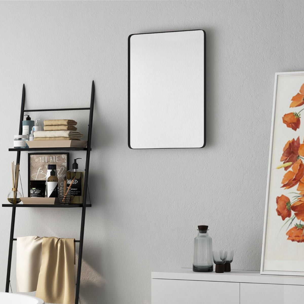 Miroir Mural 76,5X56Cm Pour Salle De Bain Miroir Mural De Courtoisie Rectangulaire Cadre En Métal Robuste Noir (Horizontal/Vertical)