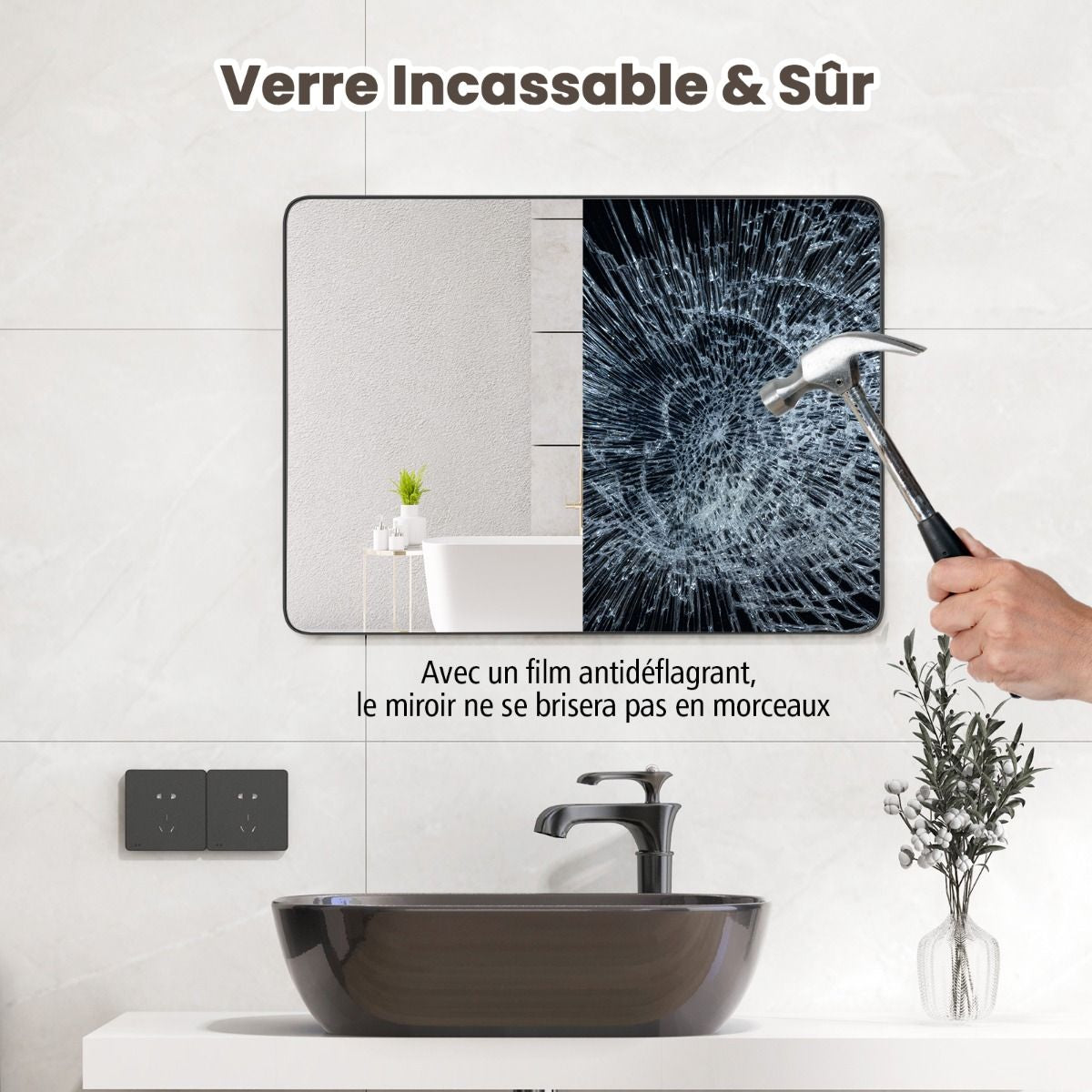 Miroir Mural 76,5X56Cm Pour Salle De Bain Miroir Mural De Courtoisie Rectangulaire Cadre En Métal Robuste Noir (Horizontal/Vertical)