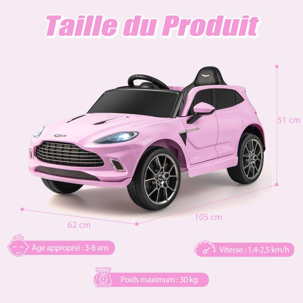 Aston Martin DBX Voiture Electrique 12V Enfants Avec Télécommande 2,4G Véhicule Moderne Avec Lumières LED Et Musique Pour 3-8 Ans Rose/Blanc