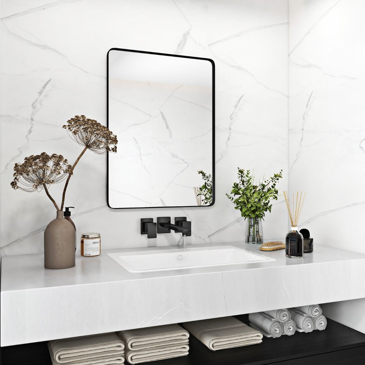 Miroir Mural 76,5X56Cm Pour Salle De Bain Miroir Mural De Courtoisie Rectangulaire Cadre En Métal Robuste Noir (Horizontal/Vertical)