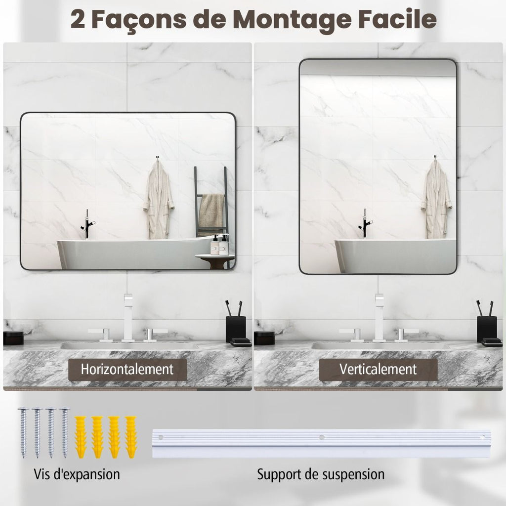 Miroir Mural 76,5X56Cm Pour Salle De Bain Miroir Mural De Courtoisie Rectangulaire Cadre En Métal Robuste Noir (Horizontal/Vertical)